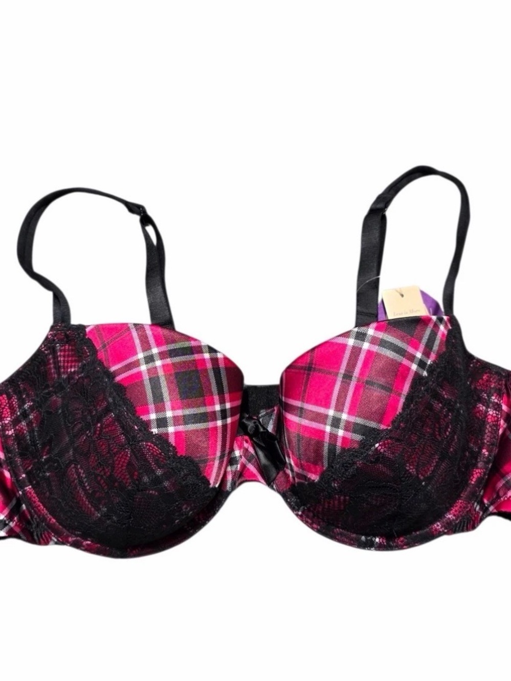 Cacique Hot Pink Plaid Lace Push-Up Bra with Black Trim